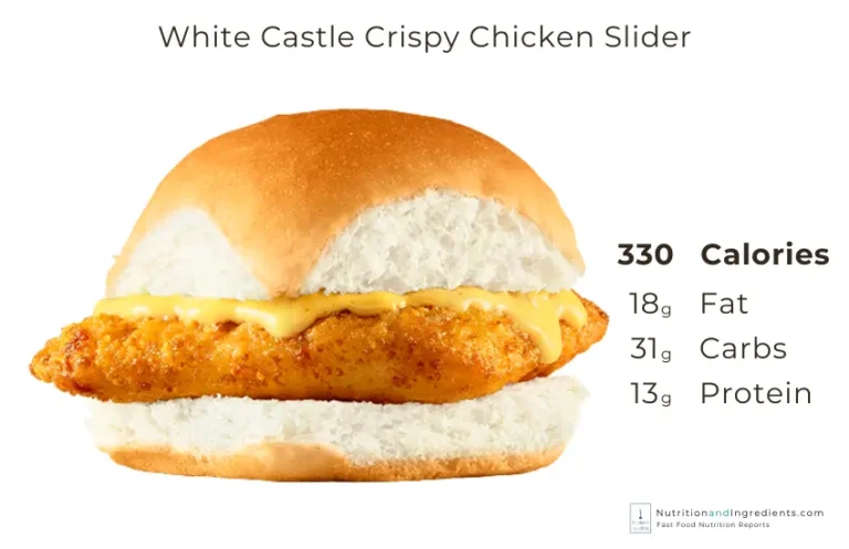 White Castle crispy chicken slider with text listing amount of macronutrients.