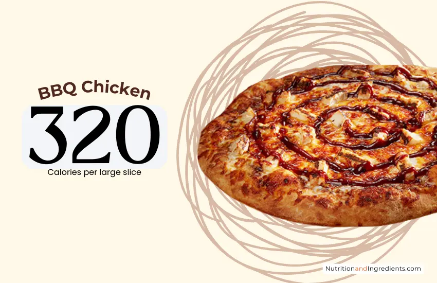 BBQ Chicken pizza from Barro's restaurant and text '320 calories per large slide'.