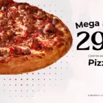 Mega Meat pizza from Barro's restaurant with text '290 calories'.