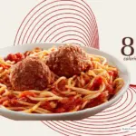 Plate of spaghetti and meatballs from Barro's Pizza restaurant.