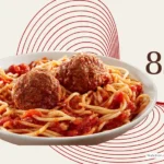 Plate of spaghetti and meatballs from Barro's Pizza restaurant.