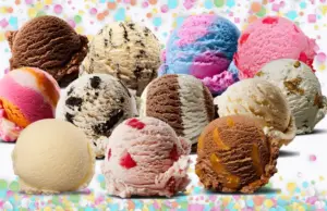 Scoops of ice cream and sorbet in various flavors from Baskin Robbins.