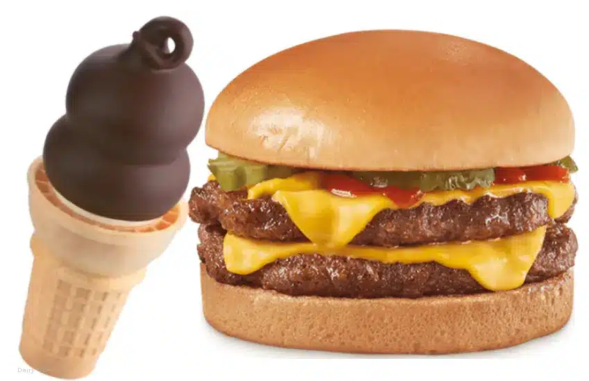 Dairy Queen cheeseburger and chocolate dipped cone.