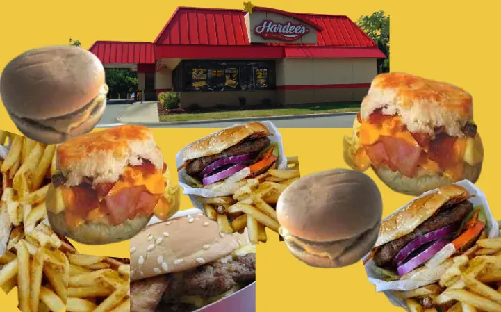 Collage of burgers, fries and sandwiches from Hardee's restaurant.