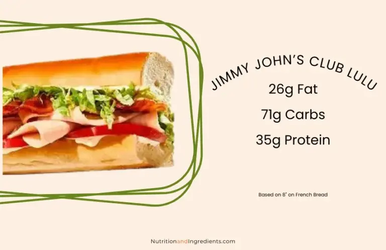 Bacon and turkey sub sandwich from Jimmy John's restaurant with text listing amount of fat, carbs, and protein.