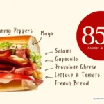 Spicy East Coast Italian Sandwich from Jimmy John's restaurant with text listing sandwich fixings and total calories.