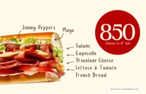 Spicy East Coast Italian Sandwich from Jimmy John's restaurant with text listing sandwich fixings and total calories.