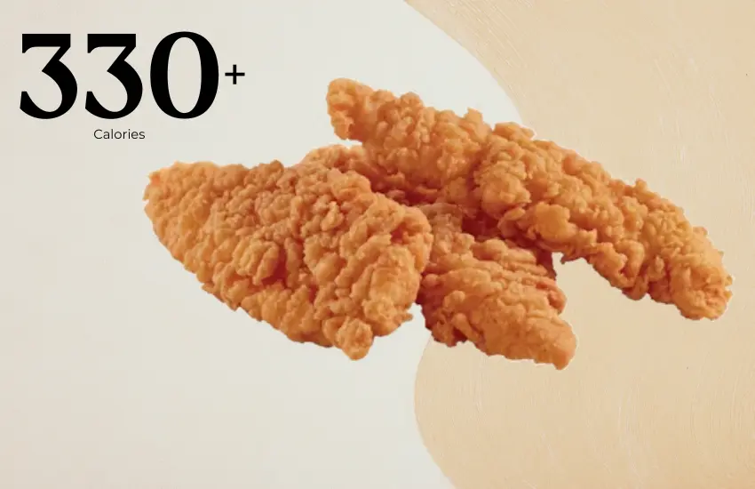 3 pieces of fried chicken fingers from Steak 'n Shake with text '330+ calories'.