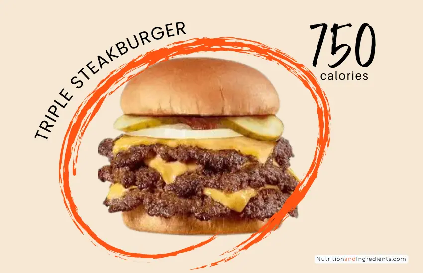 Steakburger with three patties and cheese from Steak 'n Shake and text '750 calories'