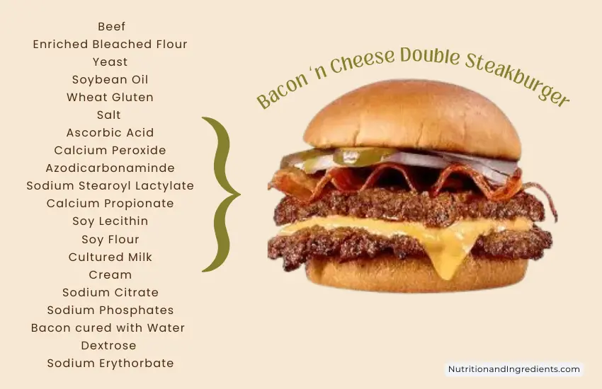 Cheeseburger with bacon from Steak 'n Shake restaurant with text listing ingredients in the sandwich.