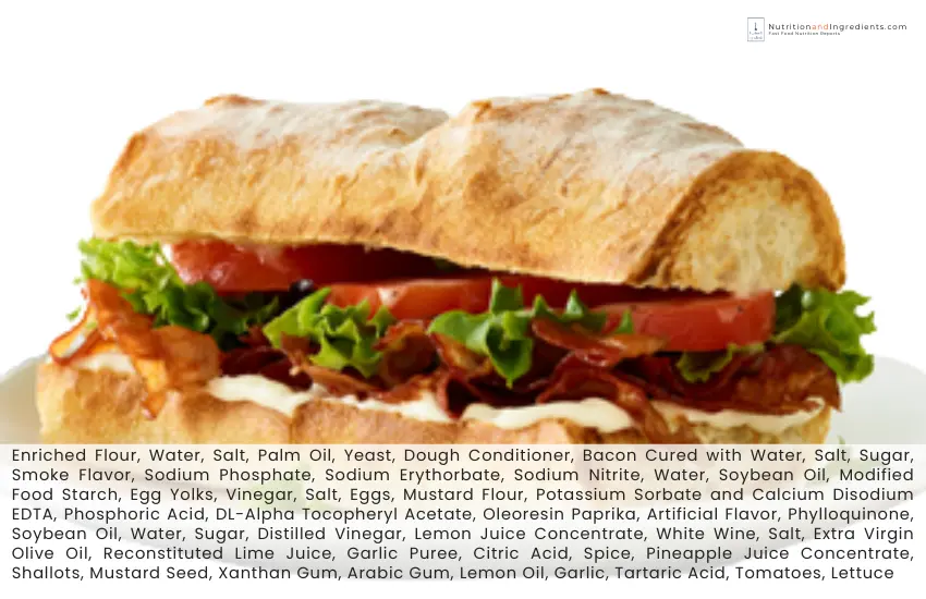 Au Bon Pain BLT sandwich with list of ingredients.
