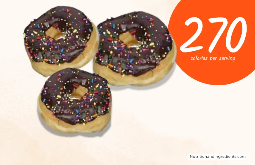 3 Dunkin chocolate frosted donuts with sprinkles and text '270 calories'.