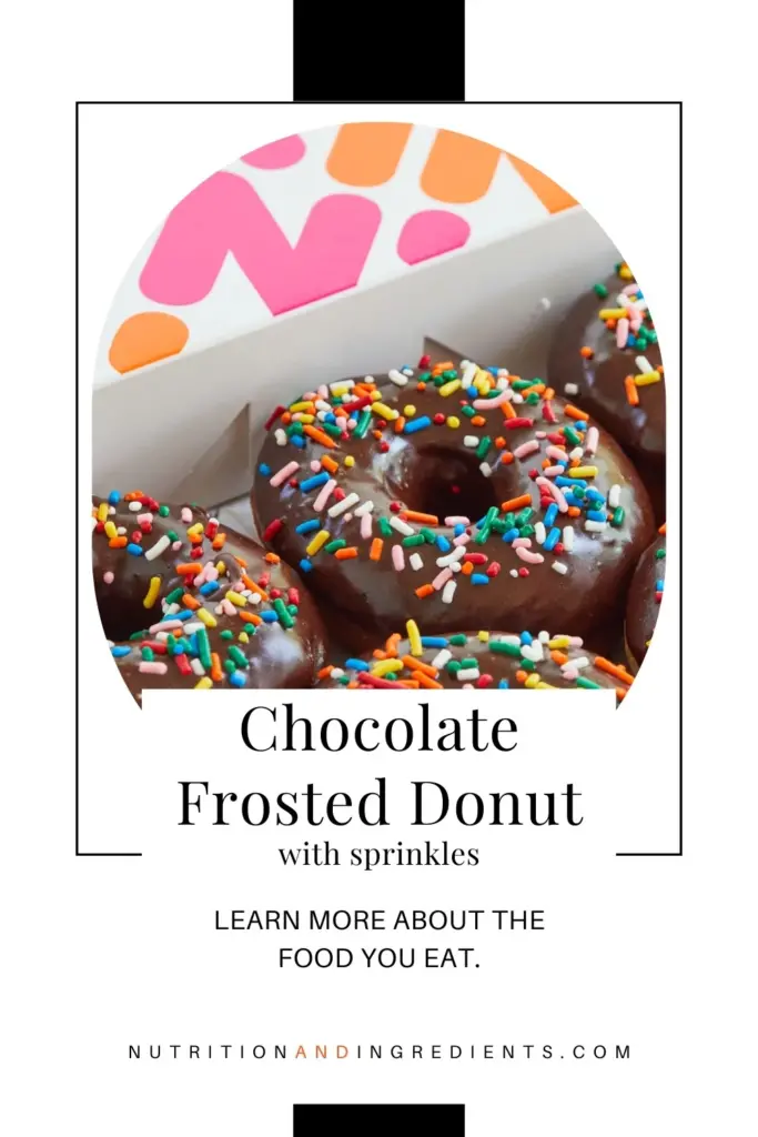 Box of chocolate donuts with sprinkles from Dunkin' and text 'learn more about the food you eat'.