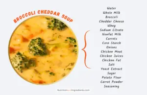 Broccoli cheddar cheese soup from Panera Bread with text listing select ingredients.