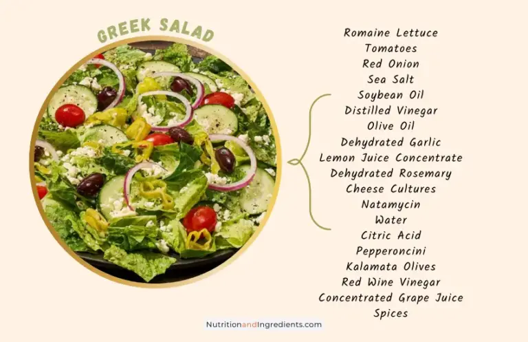 Greek salad from Panera Bread with text listing the ingredients.