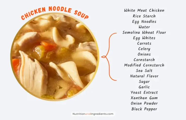 Panera Bread chicken noodle soup with text listing ingredients.