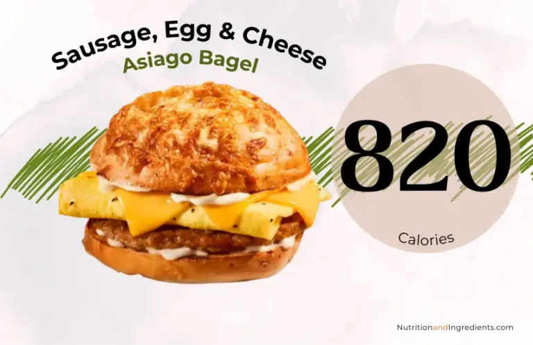 Sausage, egg, and cheese breakfast bagel sandwich from Panera Bread with text '820 calories'.