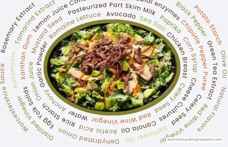 Caesar salad with chicken from Panera Bread with text listing many of the ingredients.