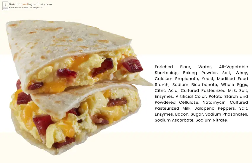 TacoTime breakfast quesadilla with text list of ingredients.