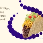 Beef taco in corn tortilla shell from TacoTime with text listing amount of nutrients in one serving.