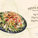 Fiesta salad with chicken and tortilla strips from TacoTime restaurant and text listing nutrients.