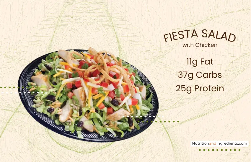 Fiesta salad with chicken and tortilla strips from TacoTime restaurant and text listing nutrients.