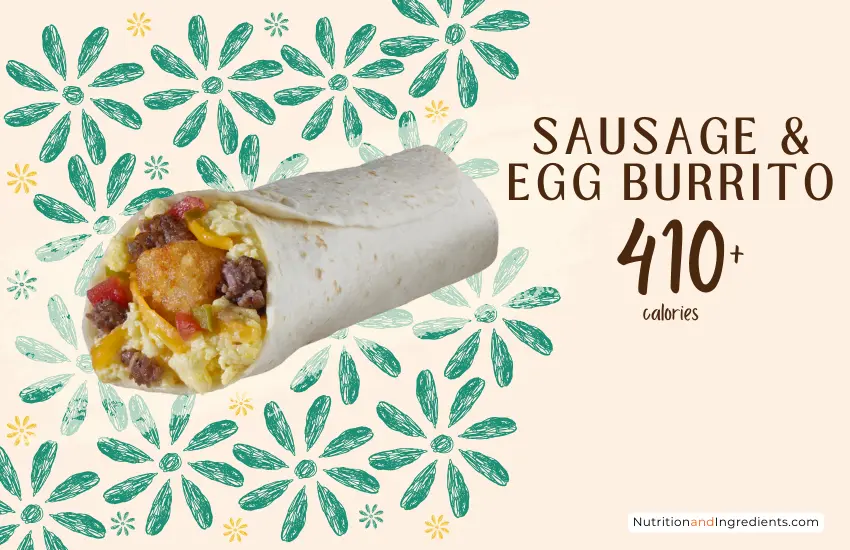 Sausage and egg burrito from TacoTime fast food restaurant with text '410+ calories'.