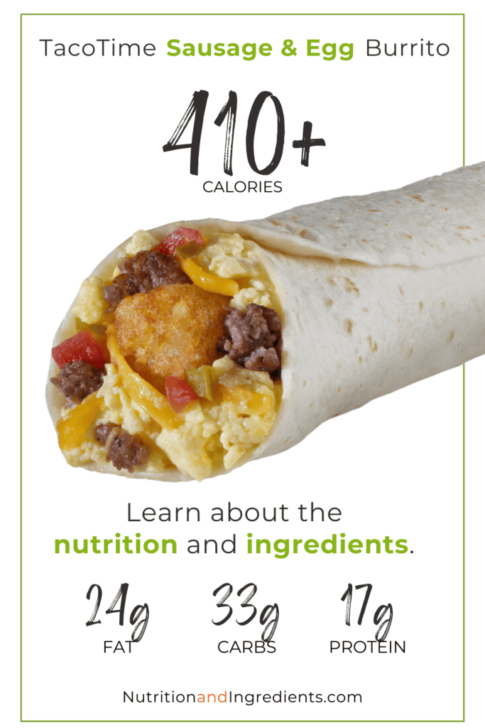 Breakfast burrito with sausage, egg, and potatoes and text '410+ calories'.