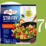 Package of Birds Eye veggie stir fry with text '70 calories'.