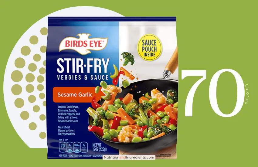 Package of Birds Eye veggie stir fry with text '70 calories'.