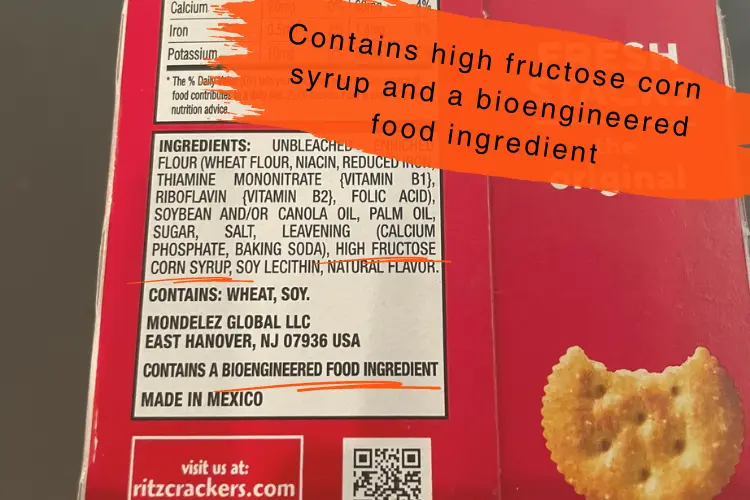 Ritz crackers list of ingredients printed on side of box.