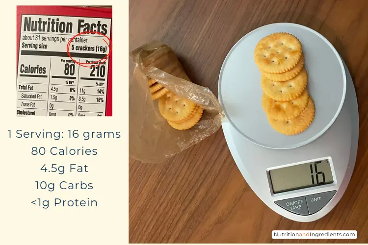 Ritz crackers on scale showing one serving size of 16 grams.