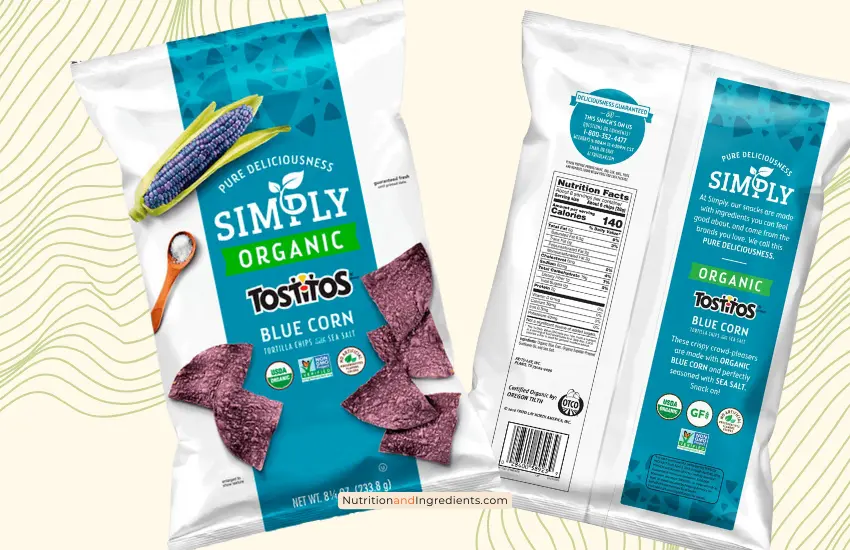 Bag of Tostitos simply organic blue corn chips.