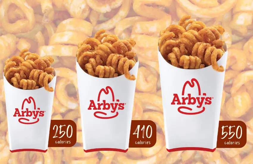 Arby's curly fries with text listing amount of calories by size.