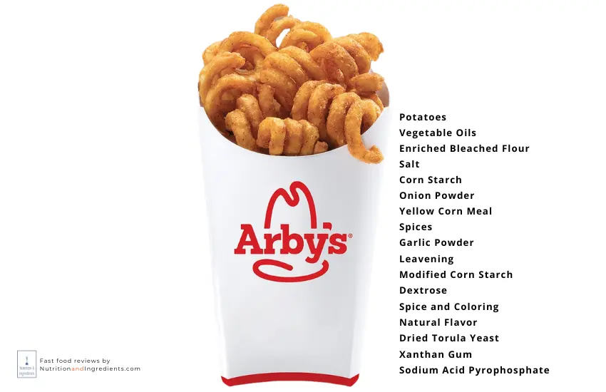 Order of Arby's curly fries with list of ingredients.