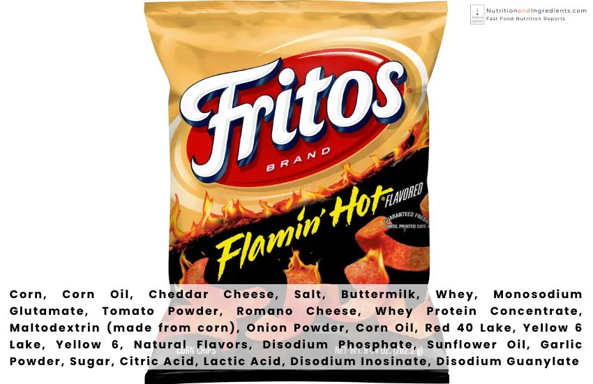 Fritos Flamin' Hot Corn Chips and text list of ingredients.