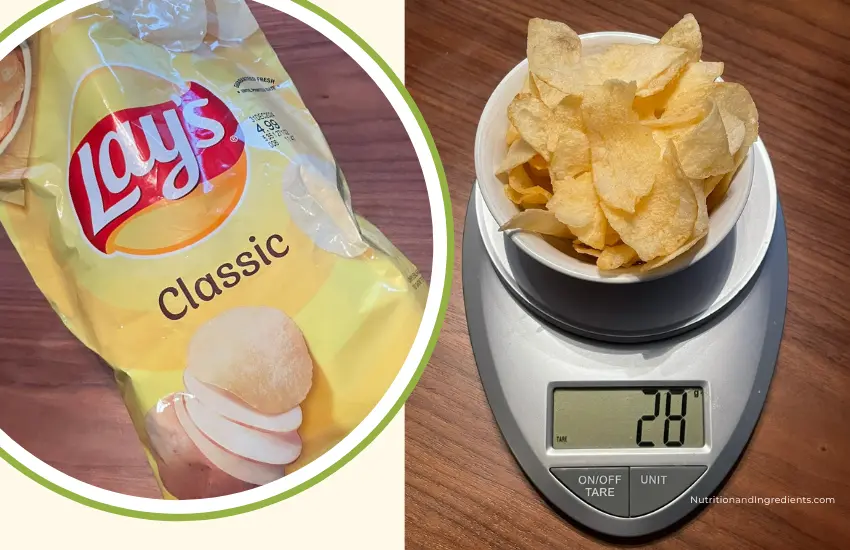 Potato chips in bowl on scale to illustrate serving size of 28 grams.