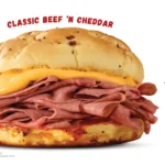 Arby's Beef and cheddar sandwich on onion roll.
