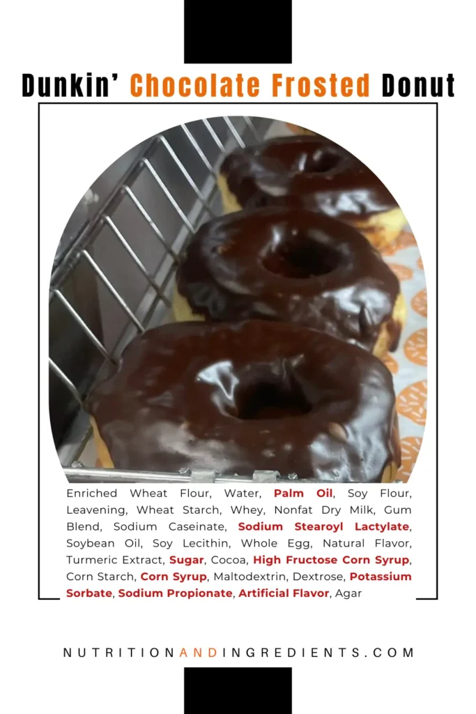 Chocolate frosted donuts from Dunkin' and text list of ingredients.