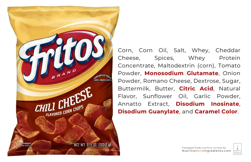 Bag of Fritos chili cheese corn chips and text list of ingredients.