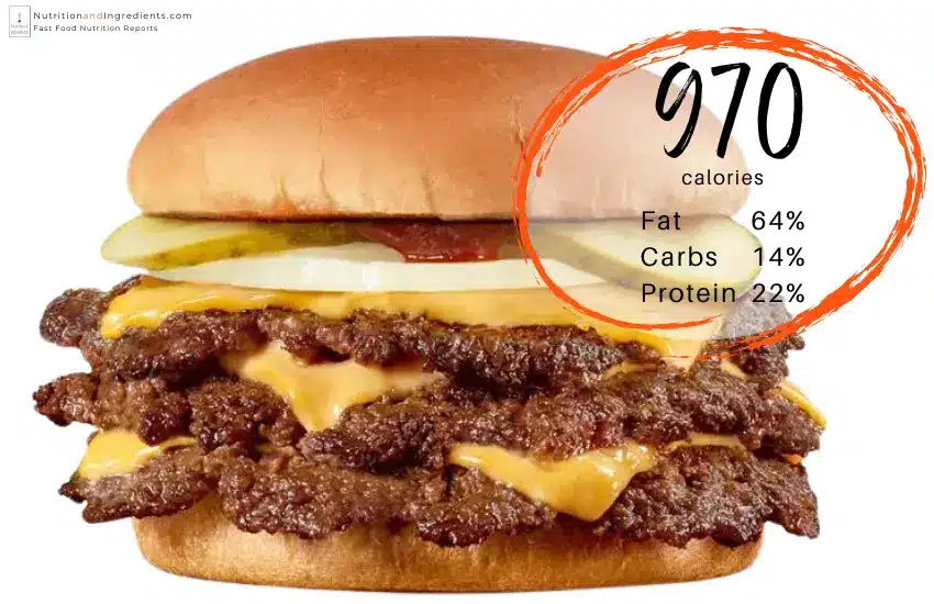 Steak 'n Shake Triple Steakburger with cheese and text '970 calories.'