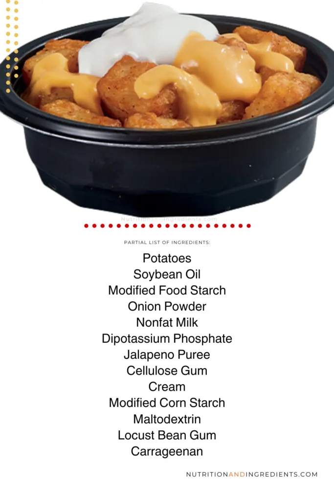 Bowl of cheese topped potatoes from Taco Bell with text list of select ingredients.