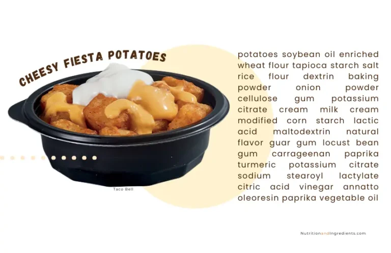 Taco Bell Cheesy Fiesta Potatoes with text list of select ingredients.