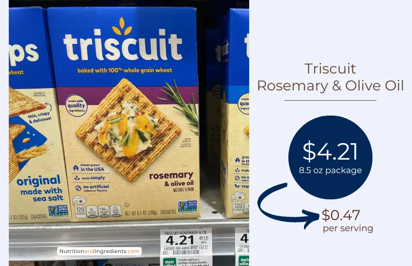 Box of Triscuit rosemary & olive oil crackers on shelf at grocery store.