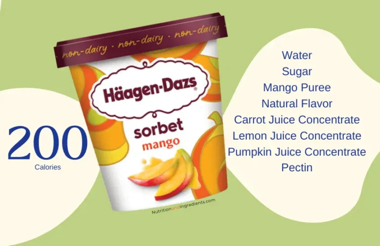 Container of Haagen-Dazs mango sorbet with list of ingredients.