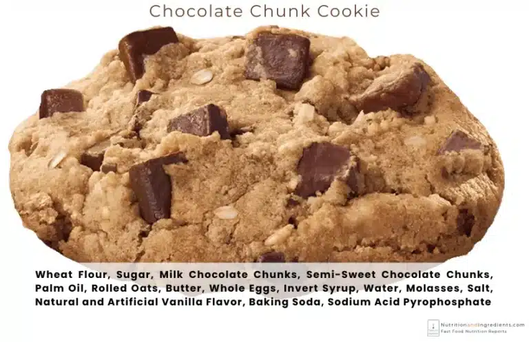 Chick-fil-A chocolate chunk cookie with text list of ingredients.