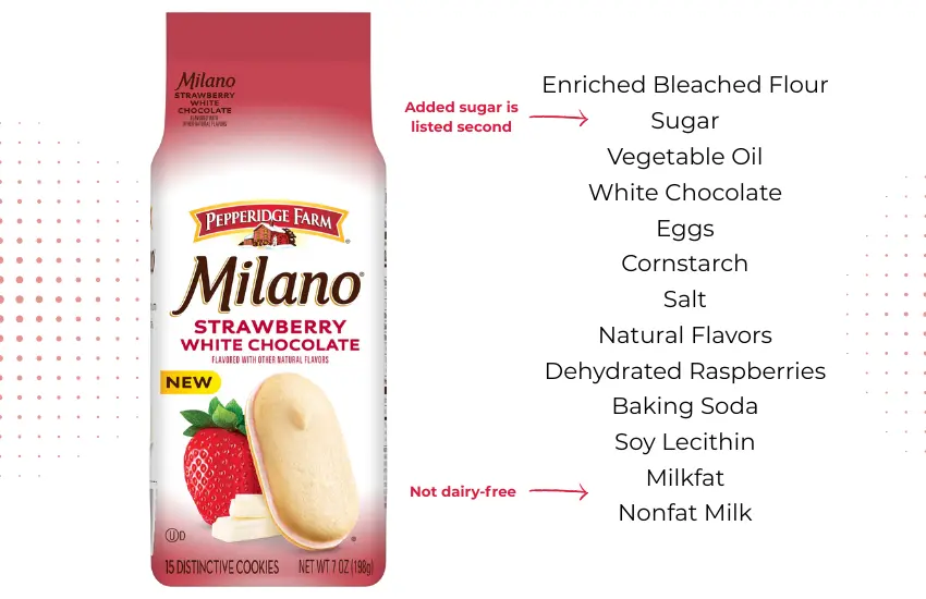 Package of strawberry chocolate shortbread cookies with text list of ingredients.