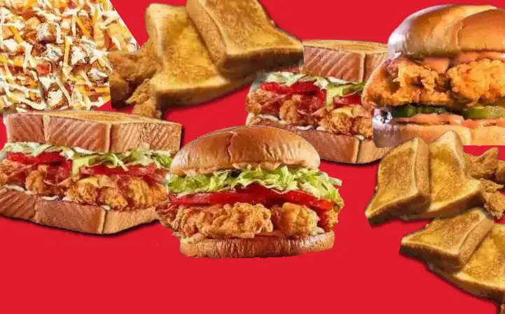 Collage of chicken sandwiches, fries, and Texas toast from Zaxby's restaurant.