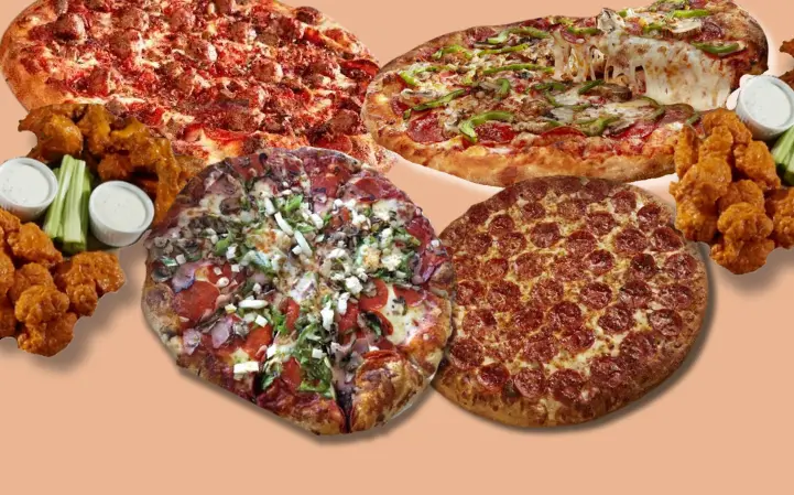 Collage of 4 pizzas and chicken wings with ranch dressing from Barro's Pizza.