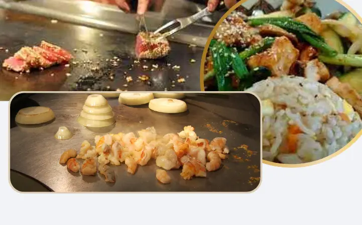 Collage of shrimp and steak cooking on the hibachi available on the menu at Benihana.